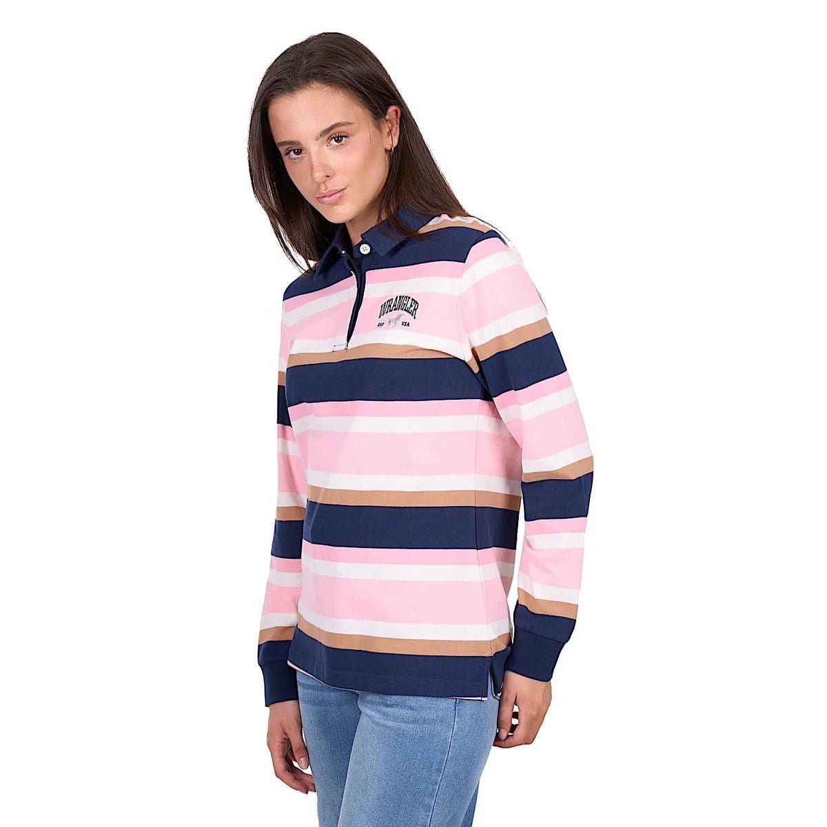 Wrangler Women's Hollie Rugby - Pink/Navy - Billy Goats Country Outfitters