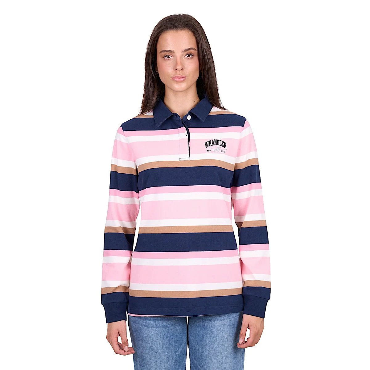 Wrangler Women's Hollie Rugby - Pink/Navy - Billy Goats Country Outfitters