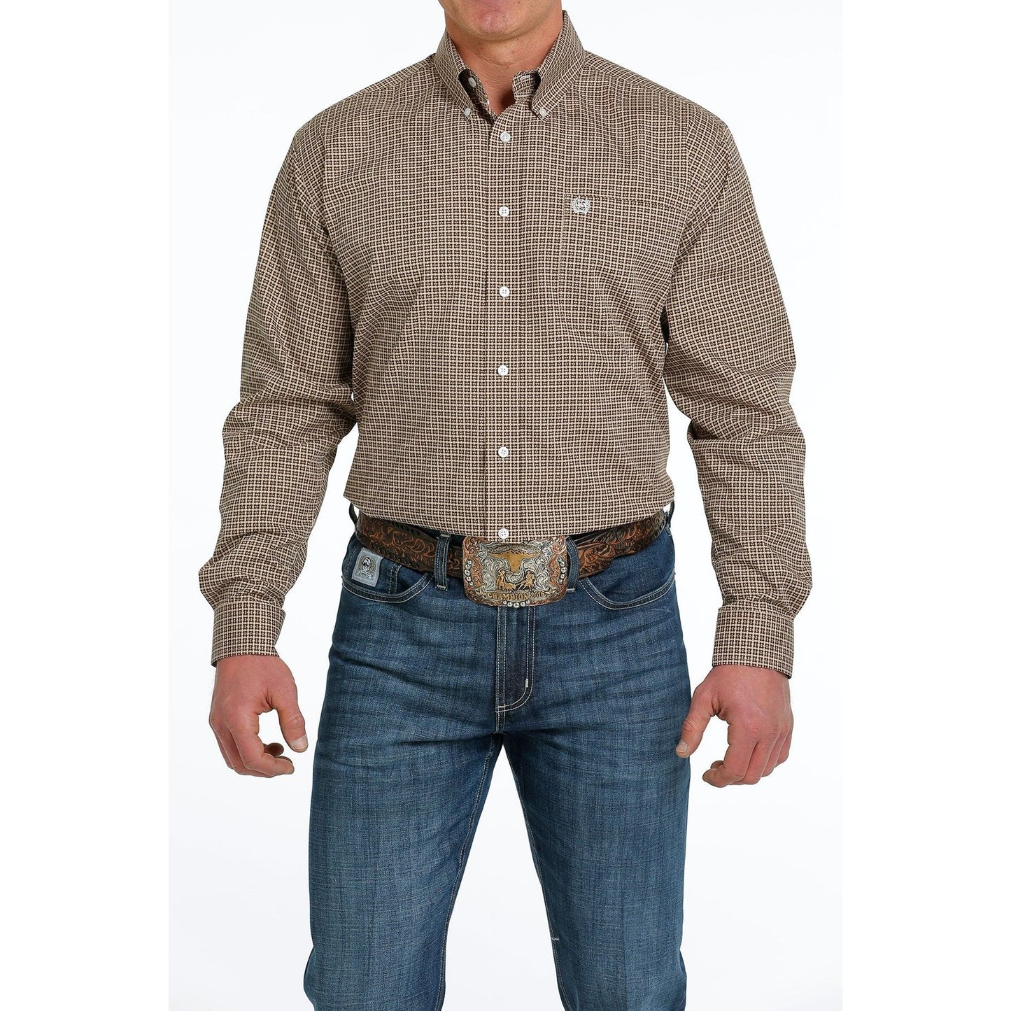 Cinch Men's Geometric Button-Down Western Shirt Brown/Khaki/White