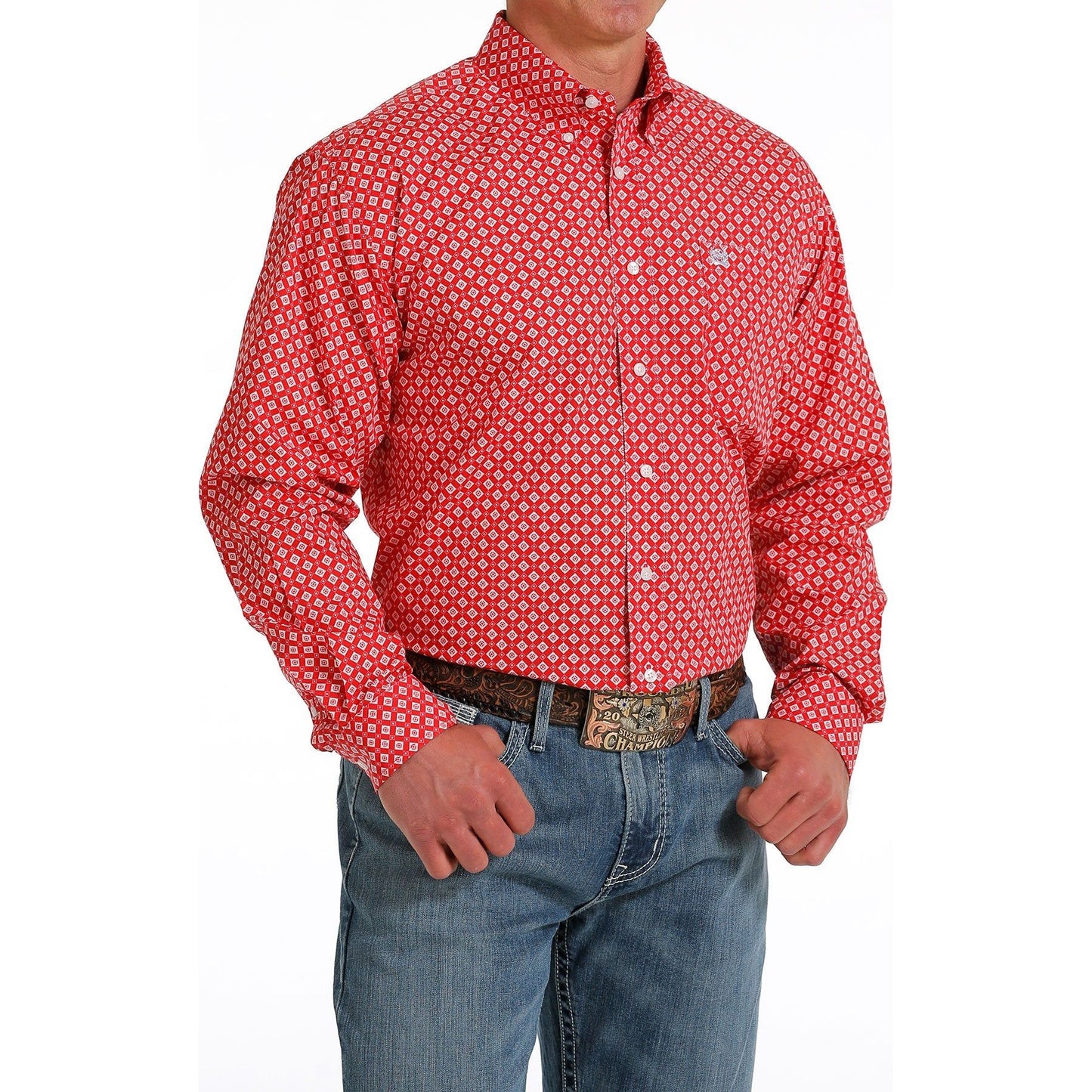 Cinch Men's Geometric Print Button-Down Western Shirt Red