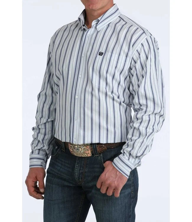 Cinch Men’s Classic Fit Button Down Shirt Blue and White Stripe – Western Work Shirt