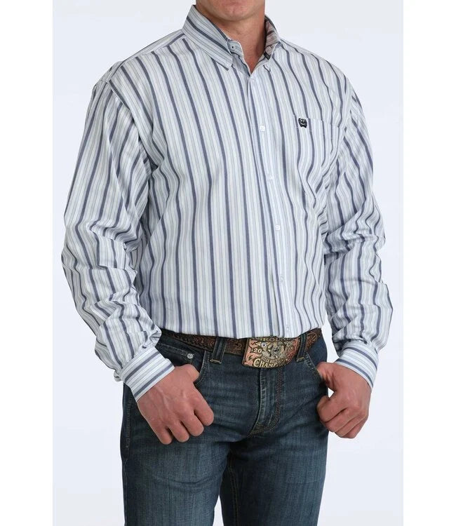 Cinch Men’s Classic Fit Button Down Shirt Blue and White Stripe – Western Work Shirt