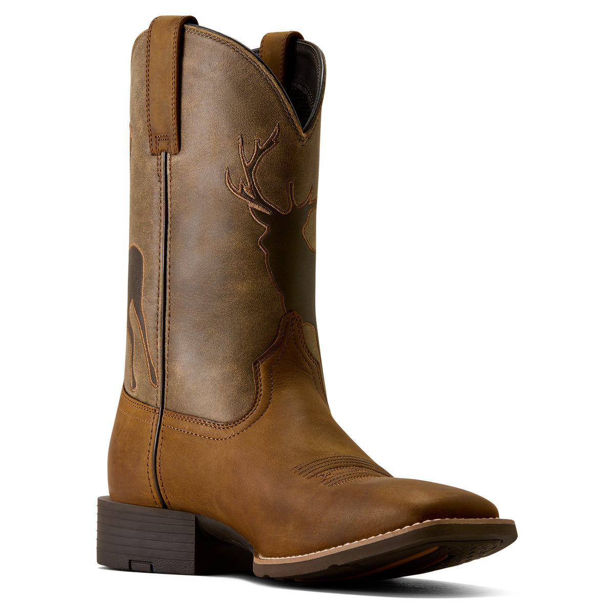 Ariat Men's Sport Buck Wide Square Toe Western Boots – Distressed Brown/Brown Bomber