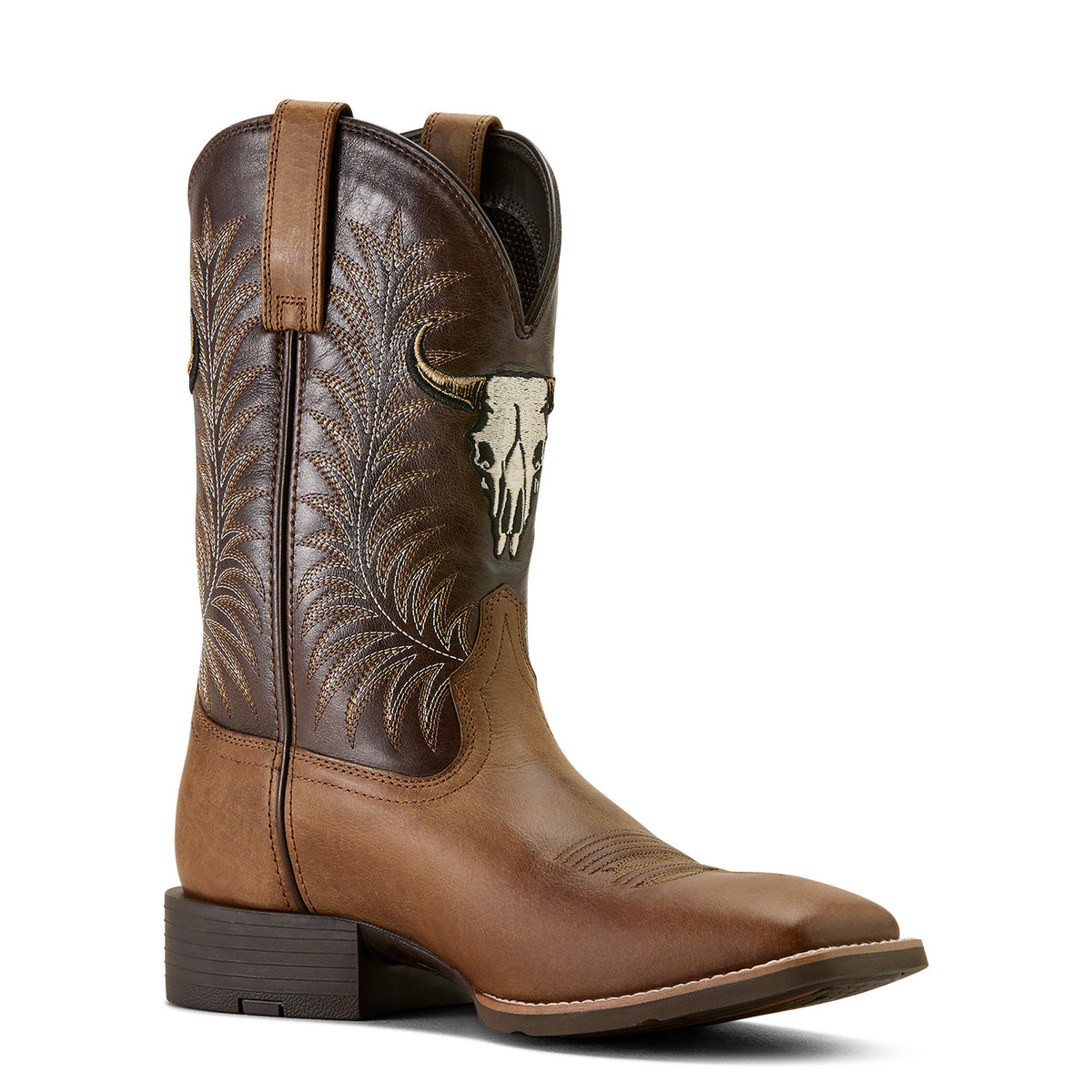 Ariat Men's Sport Steer Skull Wide Square Toe Western Boots – Sandstorm/Bitter Chocolate