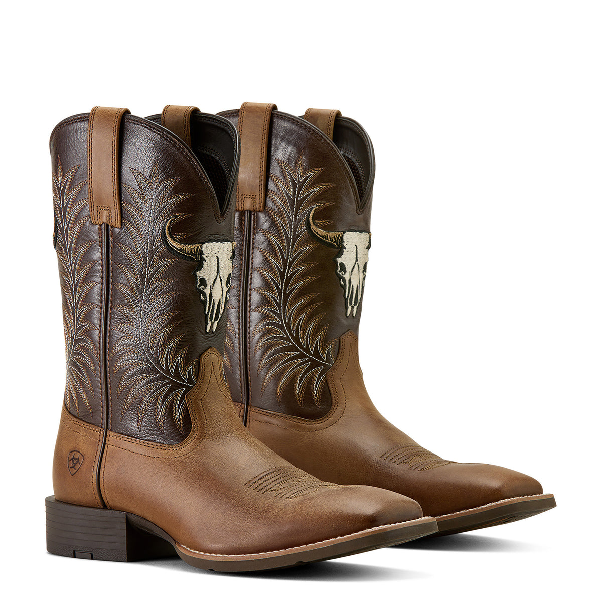 Ariat Men's Sport Steer Skull Wide Square Toe Western Boots – Sandstorm/Bitter Chocolate
