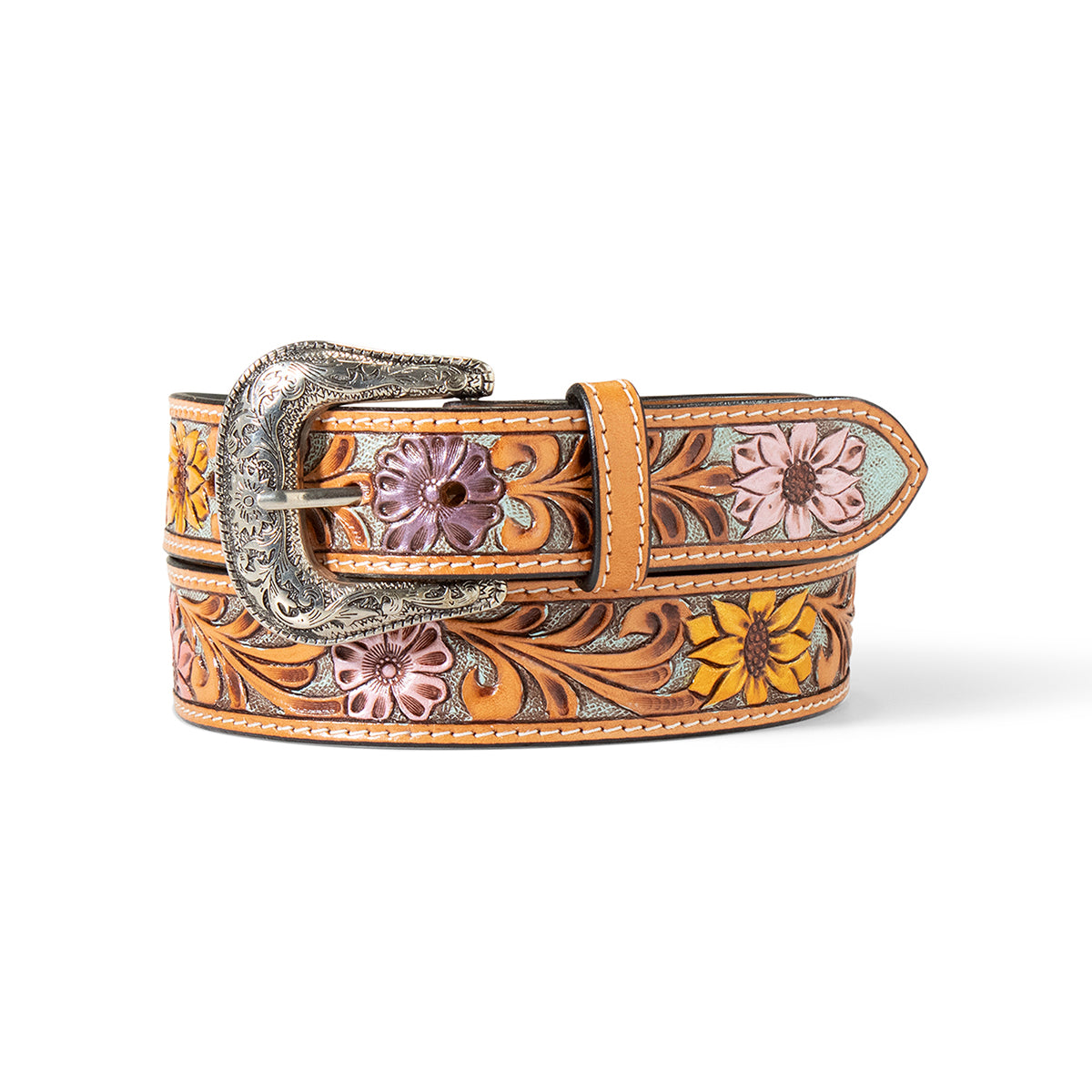 Ariat Womens Sunflower Daisy Hand Tooled Belt Tan