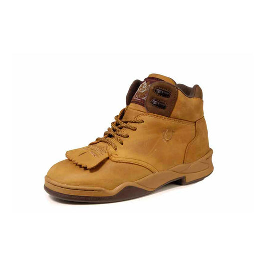 A women's Roper brand riding boot in brown color, featuring a lace-up closure and a low heel design.