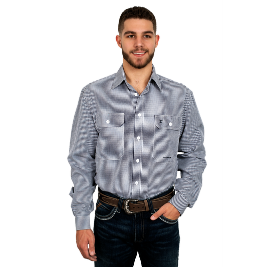 Just Country Men's Austin Full Button Print Workshirt Navy/White Mini Check