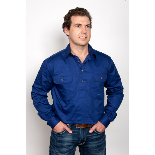 Just Country Cameron cobalt work shirt front view
mens cotton work shirt cobalt long sleeve
just country half button work shirt double pockets
farm work shirt breathable cotton cobalt
tradie work shirt durable long sleeve cotton